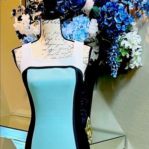 Dress for success with this black and teal sleeveless eye- catching dress.